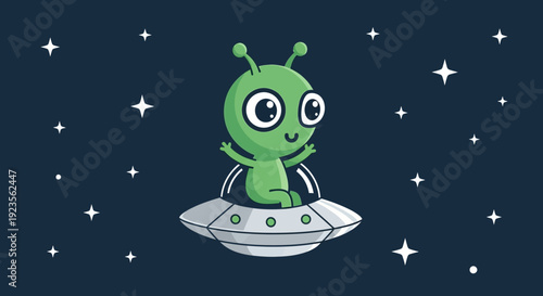 Cartoon green alien character flying in a spaceship surrounded by stars.