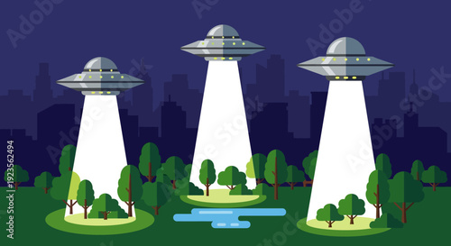 Three UFOs hovering above a serene landscape at night.