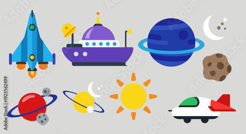 Colorful cartoon space elements including planets, rockets, and asteroids.