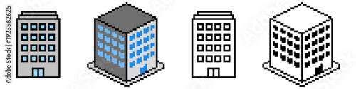 Set editable pixel sky scraper icon vector for retro business games. Ideal for symbolizing 8-bit urban development, digital real estate, and classic arcade city building concepts.