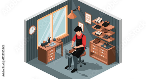 Isometric view of a shoemaker working on a shoe in a cluttered workshop with various tools and shoe racks.