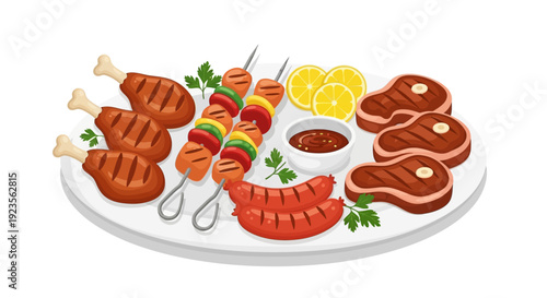 Grilled meat platter with skewers, steaks, and sauce on a white plate against a clean background.