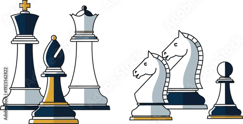 A collection of stylized chess pieces including the king queen bishop knight and pawn showcasing a classic strategy game design element in isolated white background.