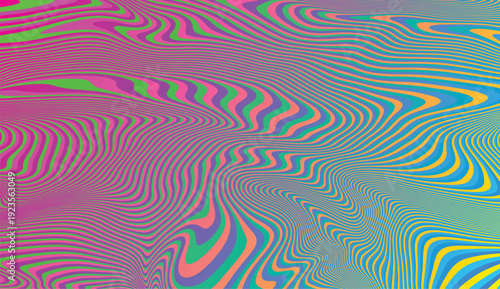 Abstract vector psychedelic wavy lines in vibrant pink, green, and blue hues. Multicolored holographic liquid pattern with fluid flow.