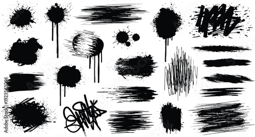 Collection of diverse black ink paint splatter grunge brush strokes and graffiti tags creating abstract artistic textures for design elements