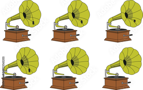 Vintage Gramophone Collection Vector Illustration Set with Antique Phonograph and Turntable Isolated on White Background for Retro Music Design