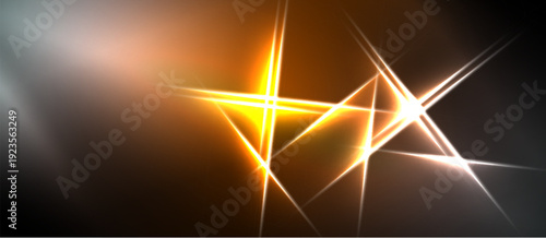 Bright light streaks intersect dark background. Golden hues dominate, creating dynamic visual effect. Abstract energy radiates from central point.