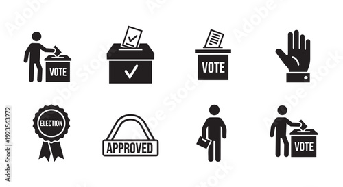 Voting and Election glyph icon collection. Includes ballot box, hand, person voting, approved stamp, and election badge symbols. Created in solid black style with monochrome palette.