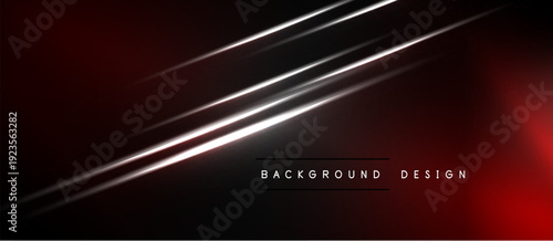 Dark abstract background features bright diagonal lines. Red gradient adds depth, modern design elements present. Minimalist aesthetic.