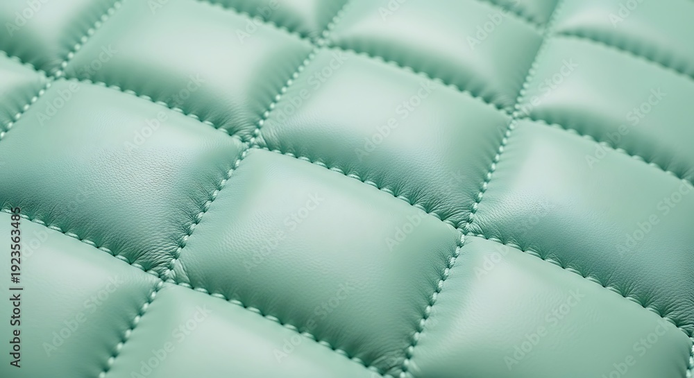 Fototapeta premium Close-up of pastel mint green tufted upholstery fabric diamond pattern with stitching luxury interior design texture for backgrounds and decor