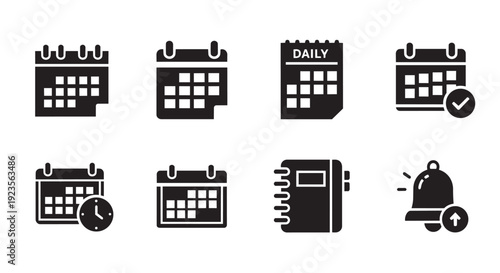 Calendar and schedule glyph icon collection. Includes daily, event, reminder, date, time, and notification symbols. Created in solid black style with monochrome palette.
