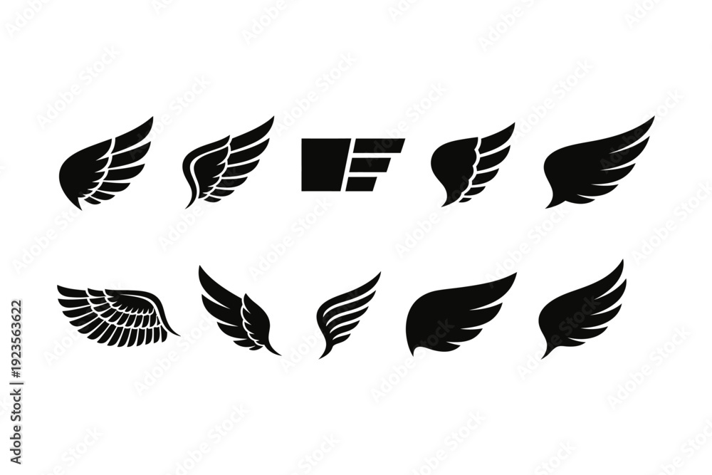 Fototapeta premium Collection of diverse black wing silhouettes isolated on a clean white background for graphic design use