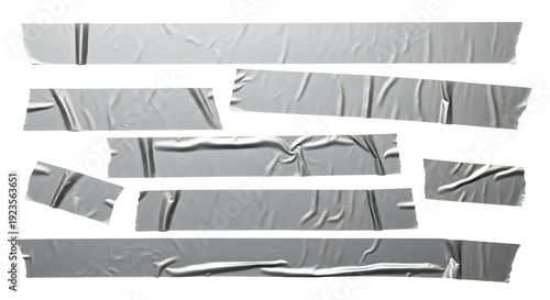 Multiple silver grey duct tape strips with wrinkles and torn edges on a black background