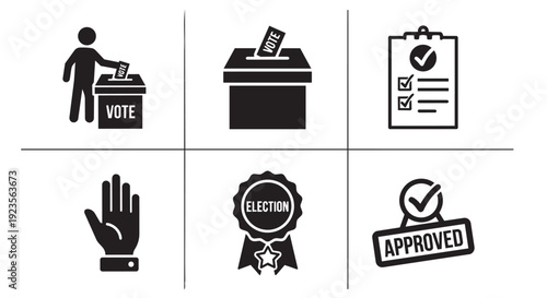 Election and voting glyph icon collection. Includes ballot box, vote, checklist, hand, election badge, and approved stamp symbols. Created in solid black and white style.