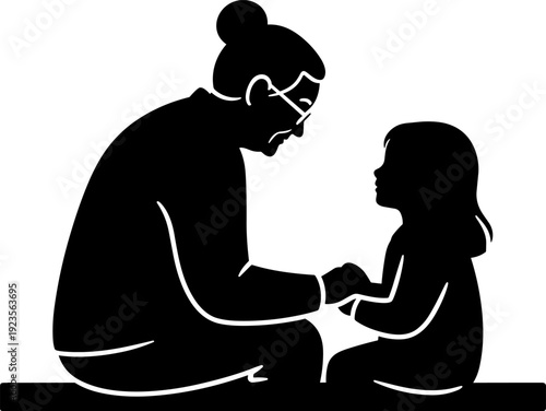 Grandmother Holding Granddaughter Hands Silhouette, Loving Family Bond and Generational Care Concept Vector Illustration