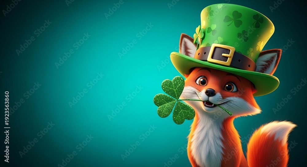 Naklejka premium Cute fox wearing green leprechaun hat holding a shiny clover in its mouth. Animated character holding shamrock for St. Patricks Day celebration.