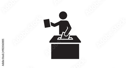Person voting at ballot box icon. Includes a stick figure placing a ballot into a box. Created in solid black style with a monochrome palette.