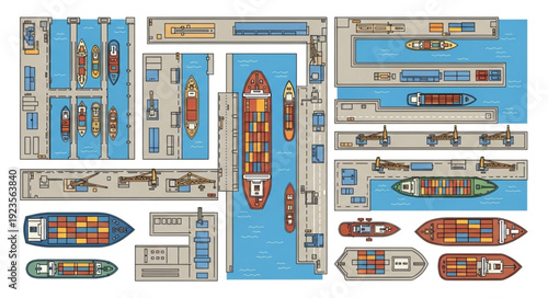 Aerial view of various cargo ships and container vessels at a busy port.