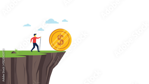 Individual pushing a large golden dollar coin towards the edge of a steep cliff to represent financial risk, economic instability, and bankruptcy.