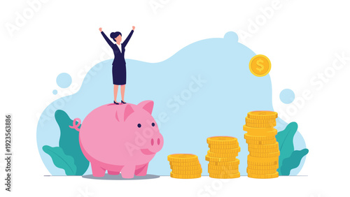 Successful businesswoman standing triumphantly on top of a giant pink piggy bank next to growing coin stacks representing savings and prosperity.
