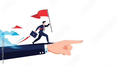 Determined businessman carrying a briefcase and flag while running along a giant pointing finger to show career direction and leadership goals.