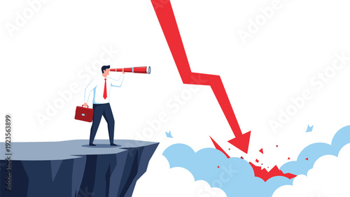Concerned businessman using a telescope to watch a red arrow crashing through clouds to illustrate economic recession and market crisis events.