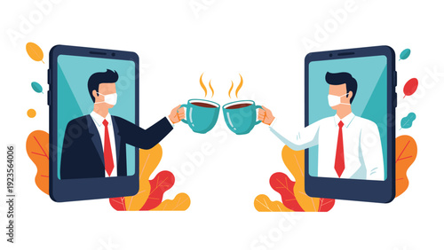 Two businessmen wearing protective masks clinking coffee cups through their smartphone screens to represent remote meetings and social distancing.