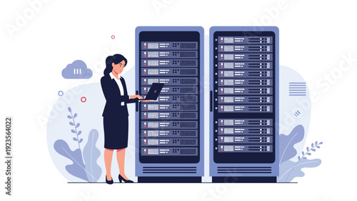 Female IT professional managing data while using a laptop in a modern server room filled with high performance cloud computing hardware.