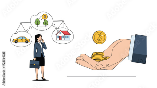 Businesswoman contemplating various life investments like a car or house while hands collect falling golden dollar coins from above.