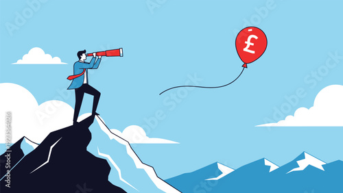 Businessman standing on a snowy mountain peak using a telescope to track a floating red balloon with a British pound symbol in the sky.