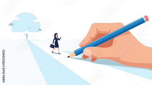Giant hand using a pencil to draw a long white path through a landscape for a walking professional businesswoman to reach her final goal.