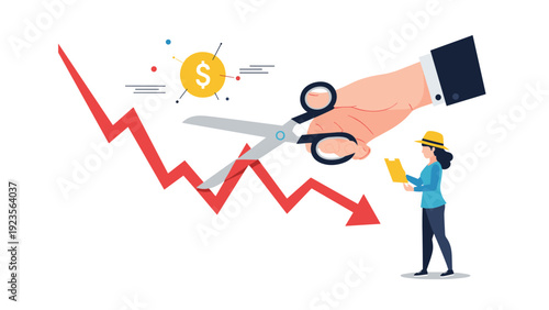 Giant hand with scissors cutting through a declining red financial arrow while a woman observes the new budget plan to save company funds.
