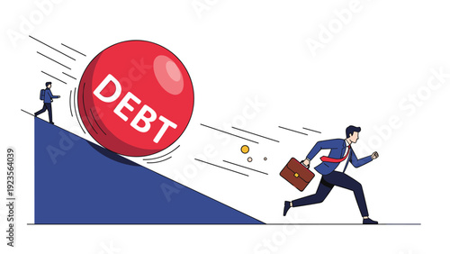 Businessman running away from a massive red boulder labeled debt that is rolling down a steep blue slope as an economic crisis metaphor.