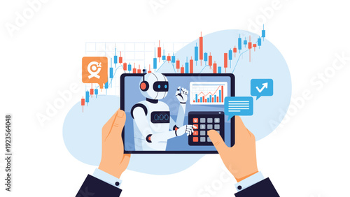Hands holding a digital tablet displaying an AI robot analyzing financial stock market charts and candlestick graphs for smart investing.