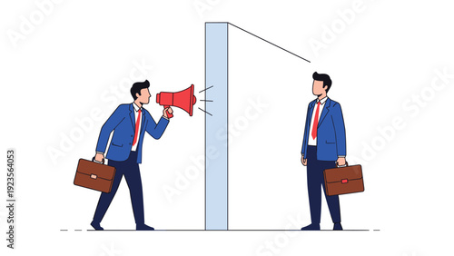 Businessman shouting into a red megaphone through a glass wall to reach a colleague standing on the other side of the office divider.