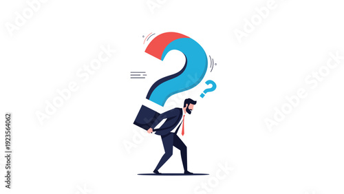Tired businessman carrying a heavy blue and red question mark on his back as a strong symbol of corporate uncertainty and professional doubt.
