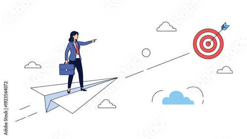 Businesswoman flying on a paper airplane and pointing towards a target to represent reaching important goals and having a clear future vision.