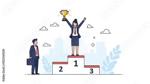 Successful businesswoman standing on the first place of a winner podium holding a golden trophy with pride while a colleague observes her.