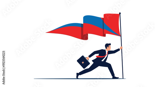 Ambitious businessman running fast while holding a large waving red and blue flag to lead his team to victory and reached business goals.