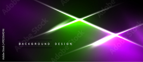 Abstract neon background. Gradient purple, green hues dominate. Bright lines intersect creating dynamic visual effect. Minimalist text present.