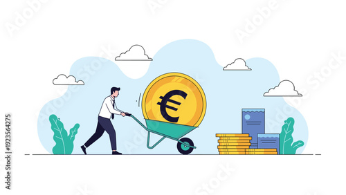 Businessman pushing a green wheelbarrow carrying a massive golden euro coin towards a pile of money and success on a sunny blue day.
