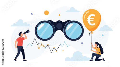 Giant binoculars separating a man looking for opportunities and a woman holding a yellow euro balloon in the sky above a line chart.