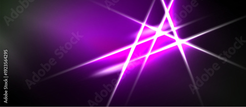 Abstract purple light streaks radiate from central point. Dark background creates dramatic visual effect. Brightness contrasts sharply.