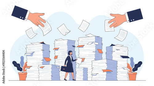 Businesswoman with a briefcase walking through massive piles of paperwork while giant hands drop even more documents from above the sky.