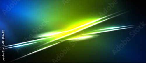 Abstract background features vibrant blue, green, yellow streaks. Light radiates from central intersection, creating dynamic visual effect.