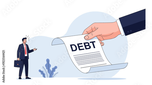 Large human hand giving a document with the word debt written on it to a small businessman standing below looking shocked and surprised.