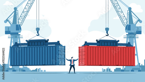 Professional businessman standing with arms outstretched between two large shipping containers suspended by cranes in a harbor industrial zone.