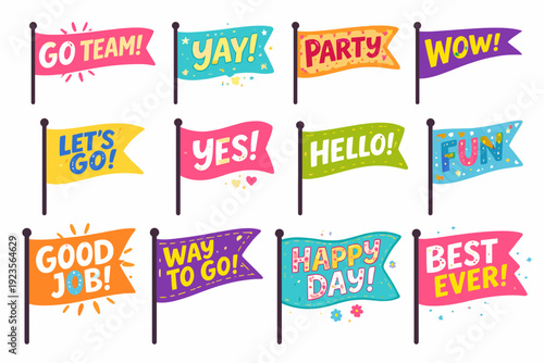 Set of colorful celebration pennant flags on poles with words go team, yay, party, hello, good job and best ever, festive doodles for events, birthdays and marketing.
