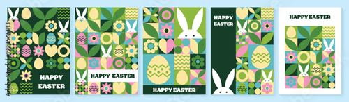 Easter bunny, egg and flower background. Collection of geometric greeting cards with cartoon elements. Vector illustration