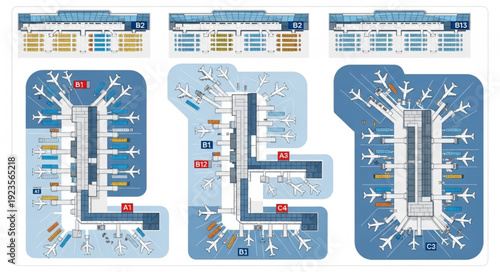 Airport terminal maps showcasing layouts and passenger navigation routes for travelers.